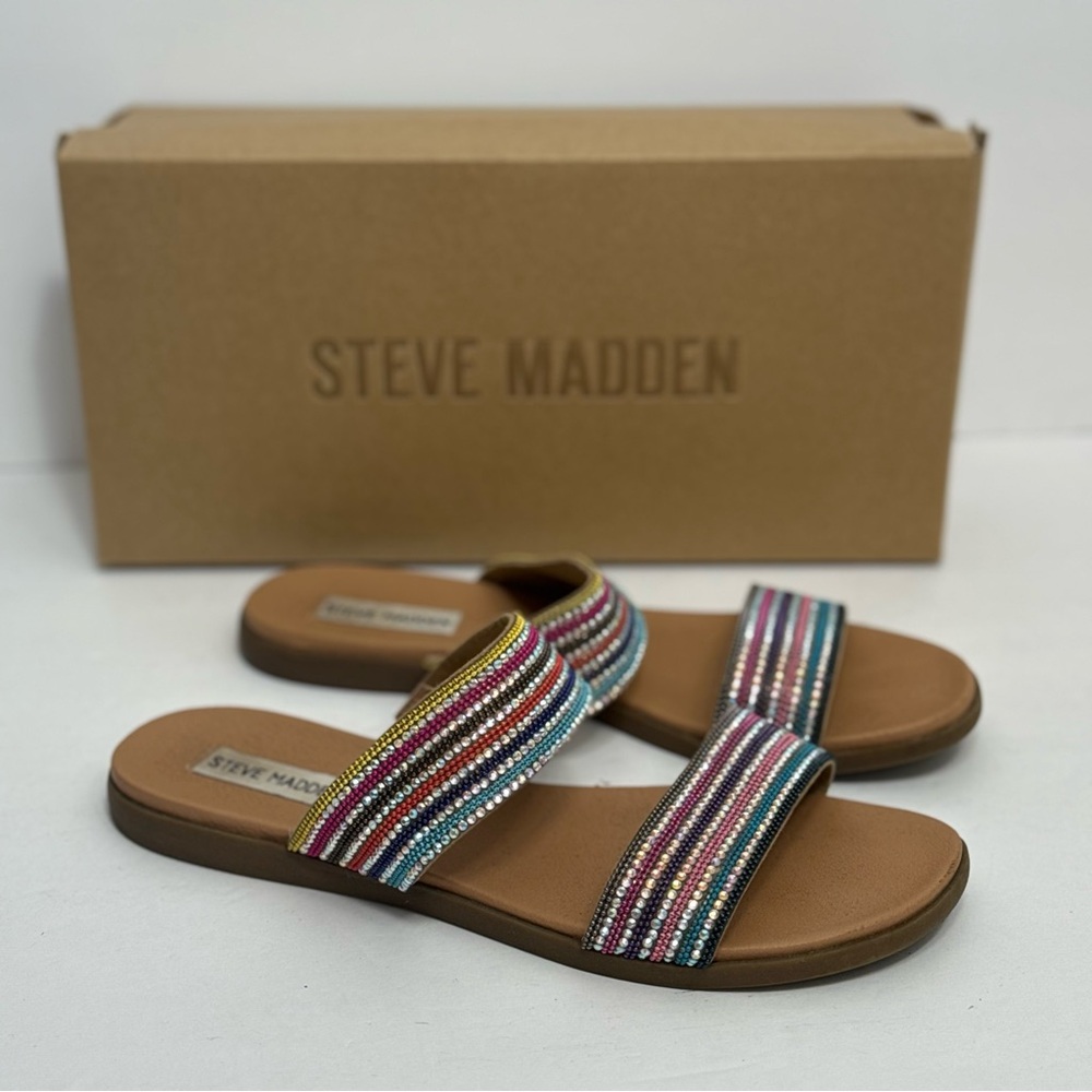 Steve Madden Blizz Multi Colored Beaded Sparkly Sandals Slip Rhinestone Sz 8.5